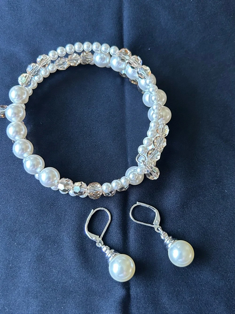Multi-Strand Pearl and Crystal Coil Bracelet & Cream Pearl Earrings - Picture 3 of 3